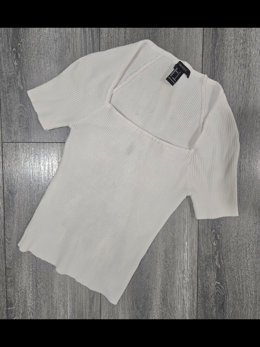 Forever 21 White Ribbed Square Neck Short Sleeve Top Sz S